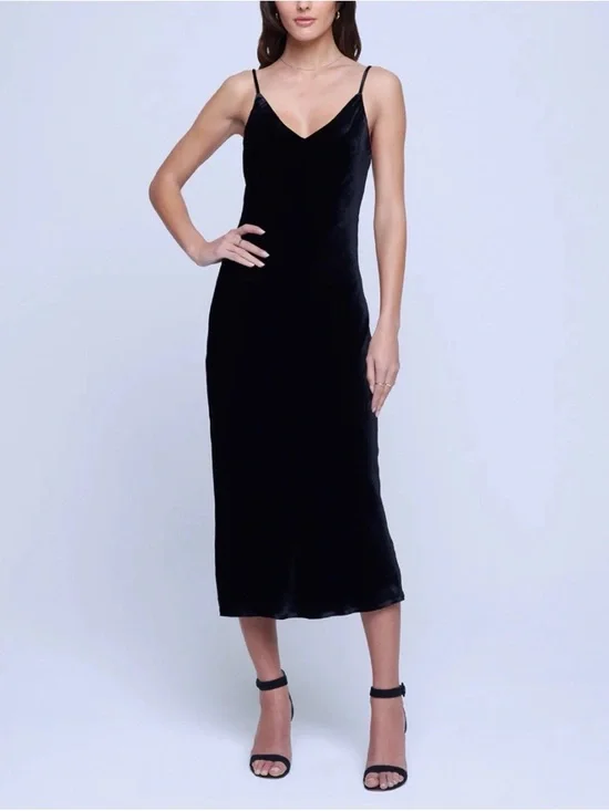 NWT - L'AGENCE Black Silk Velvet Slip Midi Dress with Spaghetti Straps - Picture 1 of 7